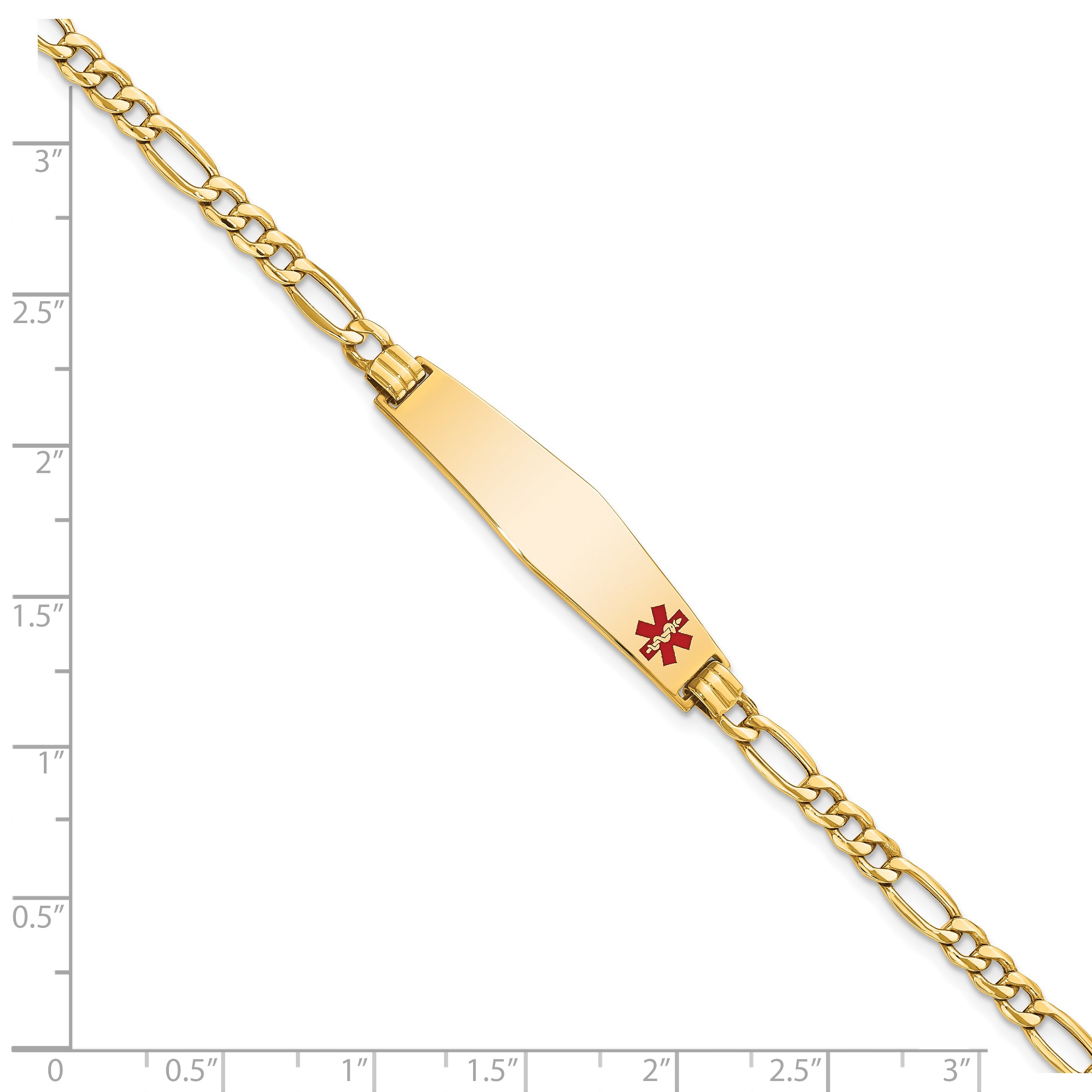 14K Gelbgold Medizinisch Halbmassiv Kette/solid Platte Weich Diamant Form 34x8mm Off Mittig Rot Emaille Figaro Glieder 8 Zoll Id Armband