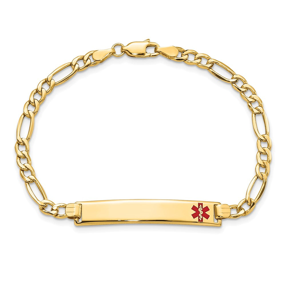 14K Gelbgold Medizinisch Halbmassiv Kette/solid Platte 35x6mm Off Mittig Rot Emaille Figaro Glieder 8 Zoll Id Armband