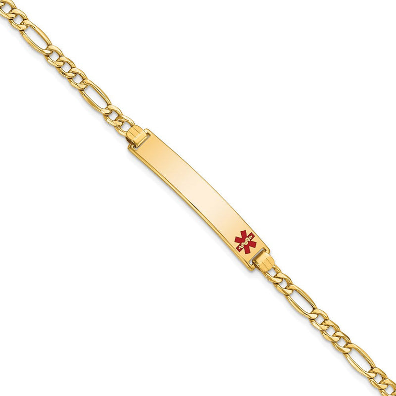 14K Gelbgold Medizinisch Halbmassiv Kette/solid Platte 35x6mm Off Mittig Rot Emaille Figaro Glieder 8 Zoll Id Armband