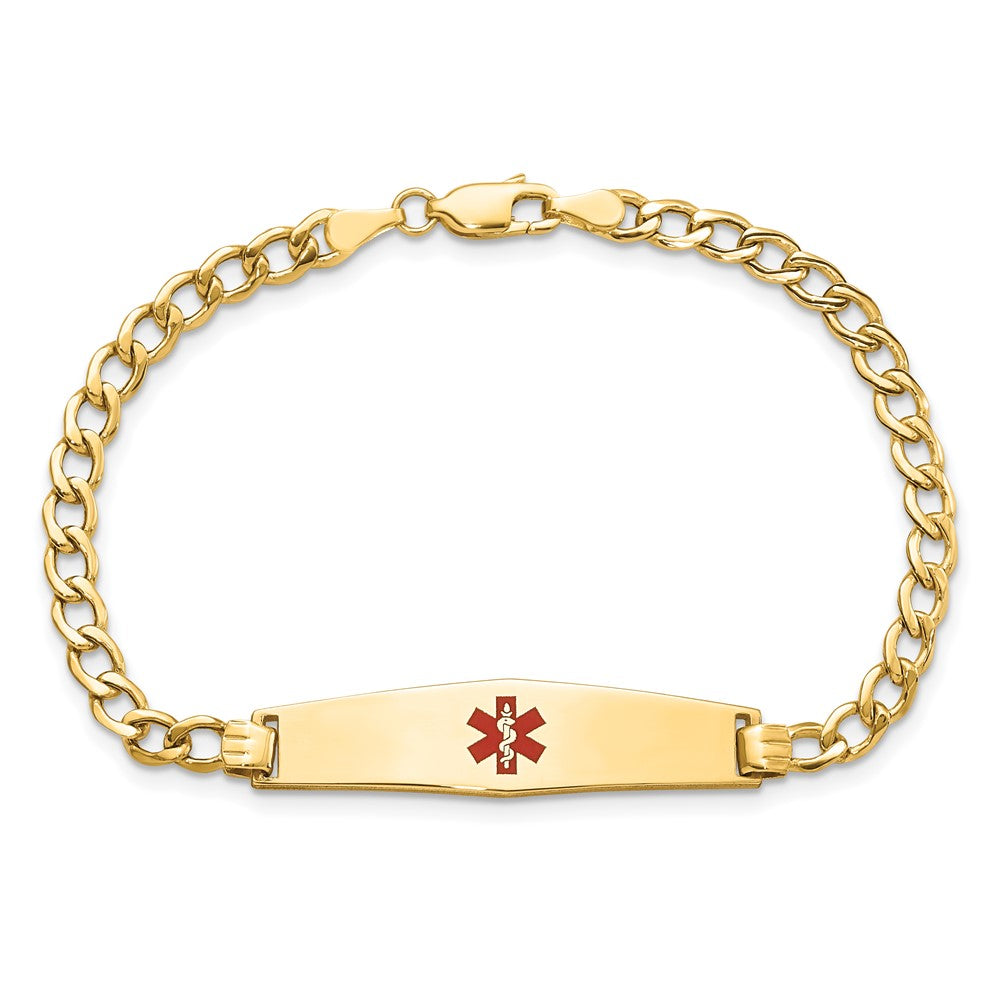 14K Gelbgold Medizinisch Halbmassiv Kette/solid Platte Weich Diamant Form 33x8mm Centered Rot Emaille Panzer Glieder 7 Zoll Id Armband