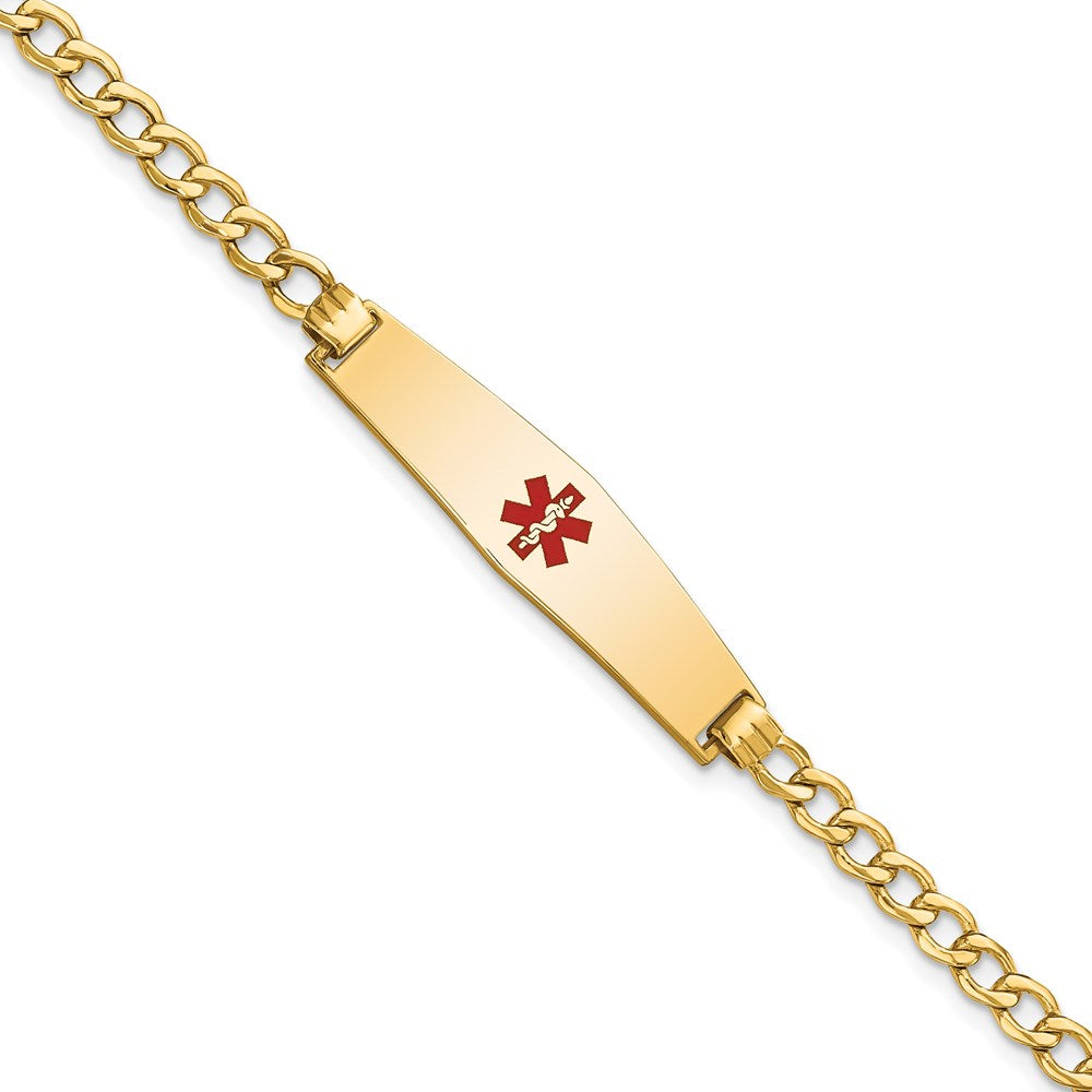 14K Gelbgold Medizinisch Halbmassiv Kette/solid Platte Weich Diamant Form 33x8mm Centered Rot Emaille Panzer Glieder 7 Zoll Id Armband