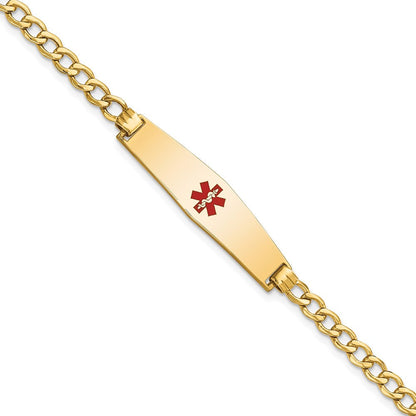 14K Gelbgold Medizinisch Halbmassiv Kette/solid Platte Weich Diamant Form 33x8mm Centered Rot Emaille Panzer Glieder 7 Zoll Id Armband