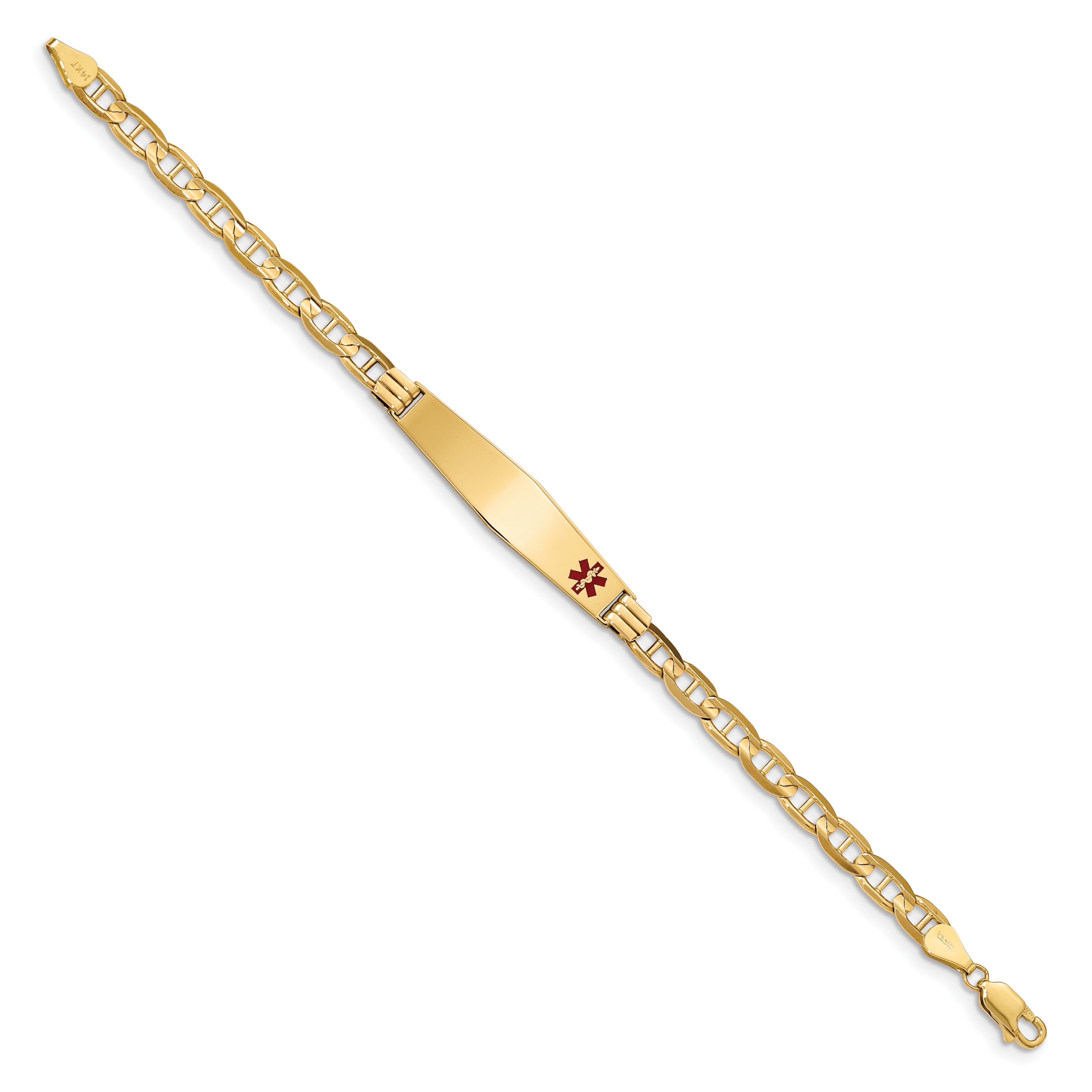 14K Gelbgold Medizinisch Massiv Kette/solid Platte Weich Diamant Form 37x9mm Off Mittig Rot Emaille Anker Glieder Id Armband