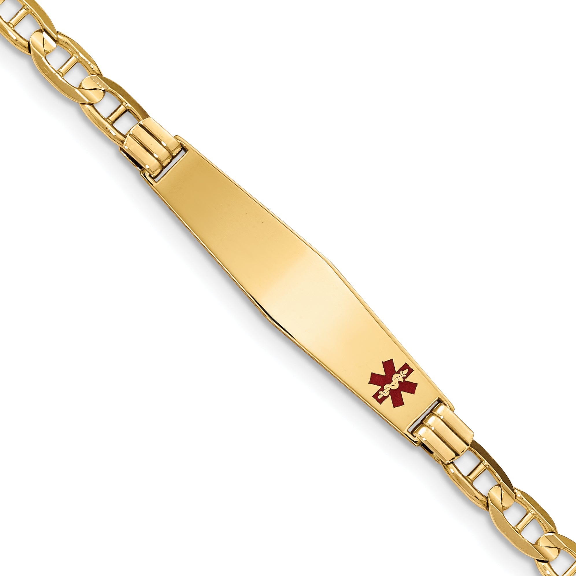 14K Gelbgold Medizinisch Massiv Kette/solid Platte Weich Diamant Form 37x9mm Off Mittig Rot Emaille Anker Glieder Id Armband