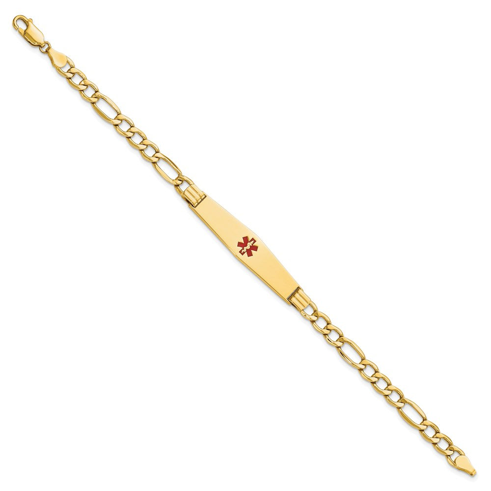14K Gelbgold Medizinisch Halbmassiv Kette/solid Platte Weich Diamant Form 37x9mm Centered Rot Emaille Figaro Glieder 7 Zoll Id Armband