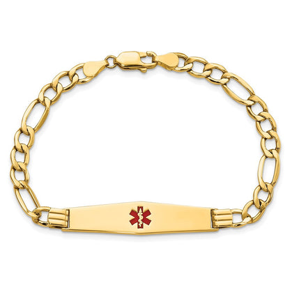 14K Gelbgold Medizinisch Halbmassiv Kette/solid Platte Weich Diamant Form 37x9mm Centered Rot Emaille Figaro Glieder 7 Zoll Id Armband