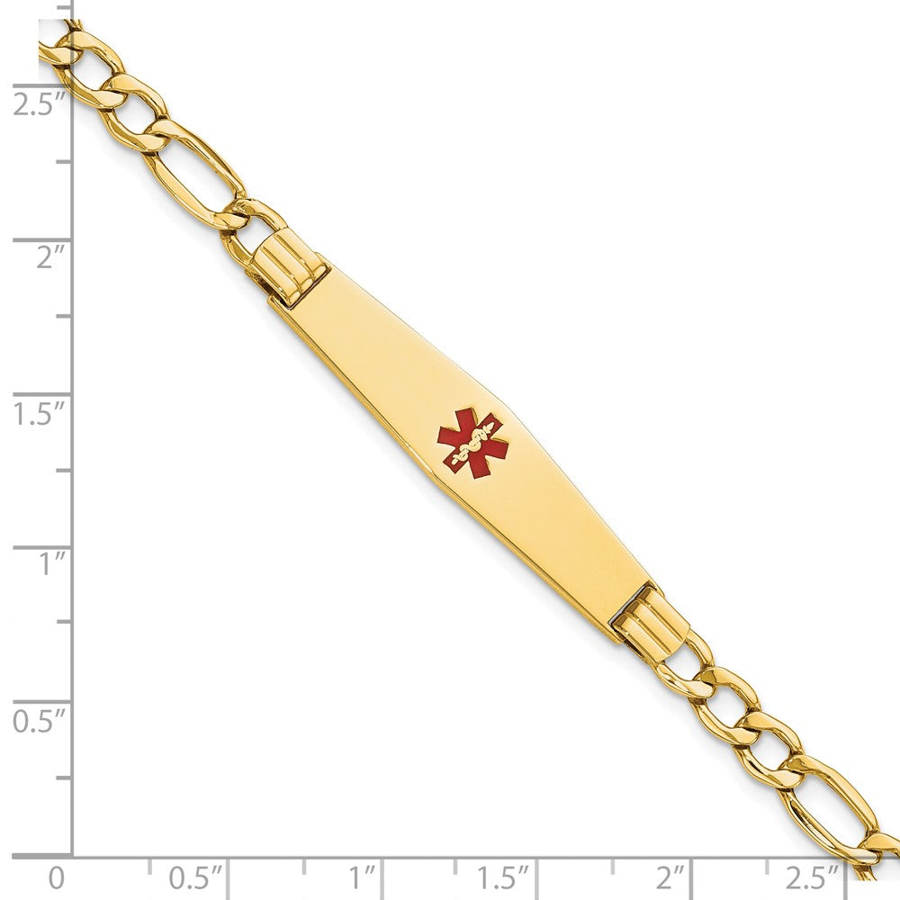 14K Gelbgold Medizinisch Halbmassiv Kette/solid Platte Weich Diamant Form 37x9mm Centered Rot Emaille Figaro Glieder 7 Zoll Id Armband
