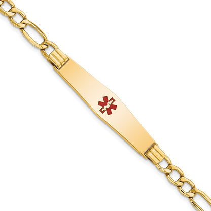 14K Gelbgold Medizinisch Halbmassiv Kette/solid Platte Weich Diamant Form 37x9mm Centered Rot Emaille Figaro Glieder 7 Zoll Id Armband