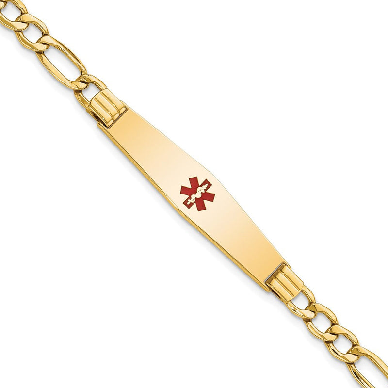 14K Gelbgold Medizinisch Halbmassiv Kette/solid Platte Weich Diamant Form 37x9mm Centered Rot Emaille Figaro Glieder 7 Zoll Id Armband