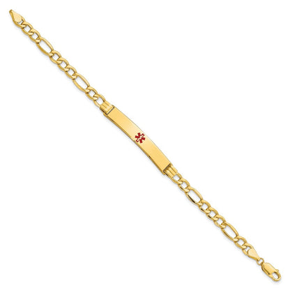 14K Gelbgold Medizinisch Halbmassiv Kette/solid Platte 37x6mm Centered Rot Emaille Figaro Glieder 7 Zoll Id Armband