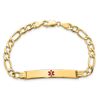 14K Gelbgold Medizinisch Halbmassiv Kette/solid Platte 37x6mm Centered Rot Emaille Figaro Glieder 7 Zoll Id Armband