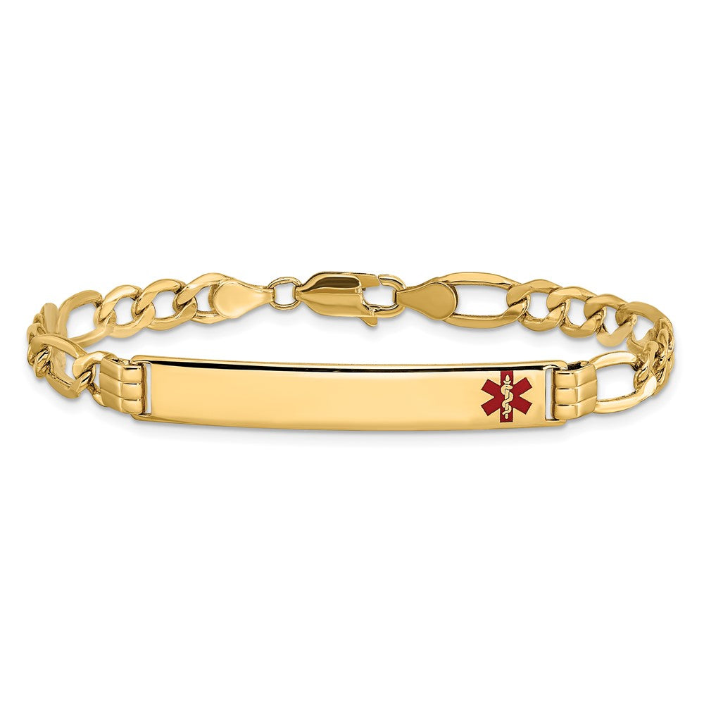 14K Gelbgold Medizinisch Halbmassiv Kette/solid Platte 37x6mm Off Mittig Rot Emaille Figaro Glieder 8 Zoll Id Armband