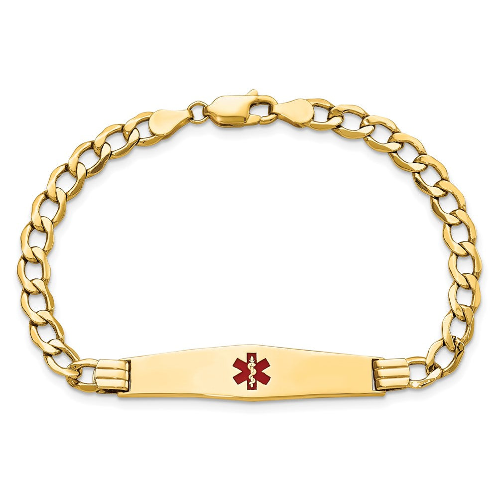 14K Gelbgold Medizinisch Halbmassiv Kette/solid Platte Weich Diamant Form 37x9mm Centered Rot Emaille Panzer Glieder 8 Zoll Id Armband