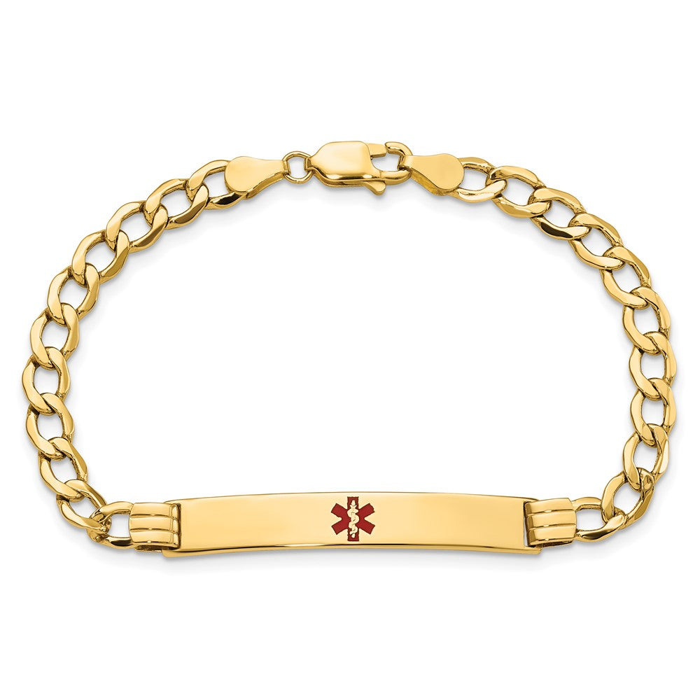 14K Gelbgold Medizinisch Halbmassiv Kette/solid Platte 37x6mm Centered Rot Emaille Kubanisch Glieder 7 Zoll Id Armband
