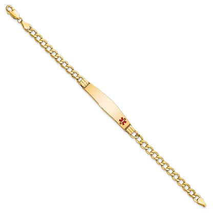 14K Gelbgold Medizinisch Halbmassiv Kette/solid Platte Weich Diamant Form 37x9mm Off Mittig Rot Emaille Kubanisch Glieder 7 Zoll Id Armband