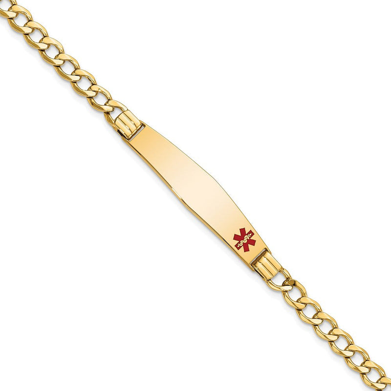 14K Gelbgold Medizinisch Halbmassiv Kette/solid Platte Weich Diamant Form 37x9mm Off Mittig Rot Emaille Kubanisch Glieder 7 Zoll Id Armband