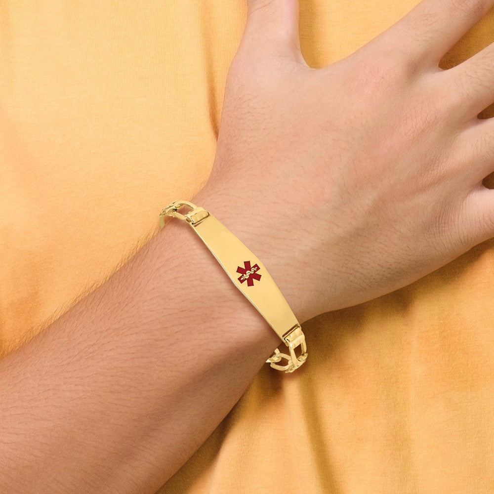 14K Gelbgold Medizinisch Massiv Kette/solid Platte Weich Diamant Form 36x9mm Centered Rot Emaille Figaro Glieder Id Armband