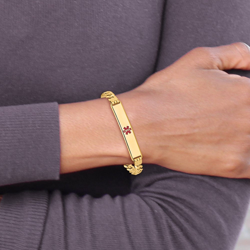 Massiv 14K Gelbgold Medizinisch Rot Emaille Panzer Glieder Id Armband