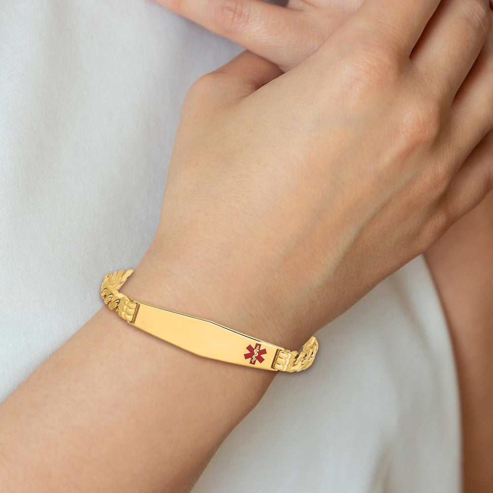 14K Gelbgold Medizinisch Massiv Kette/solid Platte Weich Diamant Form 38x9mm Off Mittig Rot Emaille Panzer Glieder Id Armband