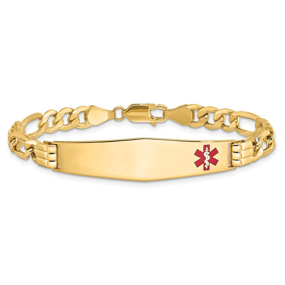 14K Gelbgold Medizinisch Halbmassiv Kette/solid Platte Weich Diamant Form 38x9mm Off Mittig Rot Emaille Figaro Glieder Id Armband