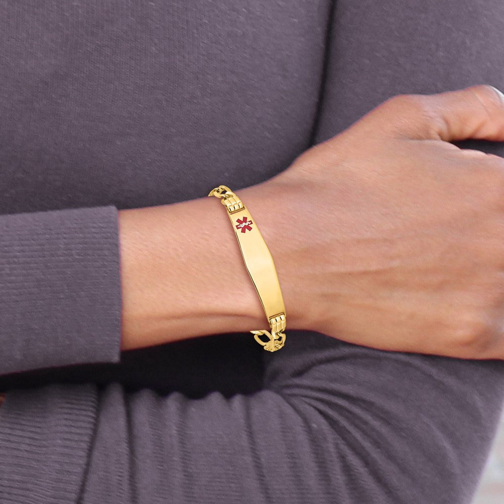 14K Gelbgold Medizinisch Halbmassiv Kette/solid Platte Weich Diamant Form 38x9mm Off Mittig Rot Emaille Figaro Glieder Id Armband