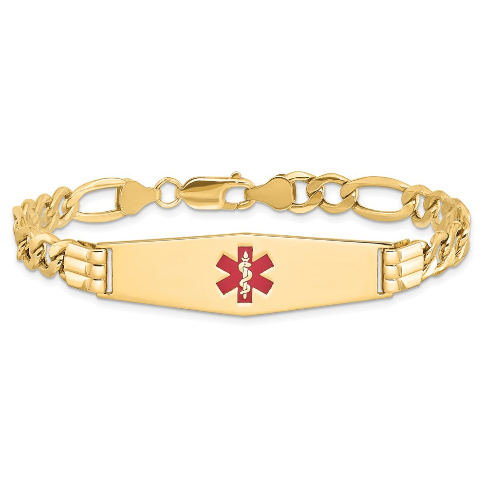 14K Gelbgold Medizinisch Halbmassiv Kette/solid Platte Weich Diamant Form 40x12mm Centered Rot Emaille Figaro Glieder 8 Zoll Id Armband