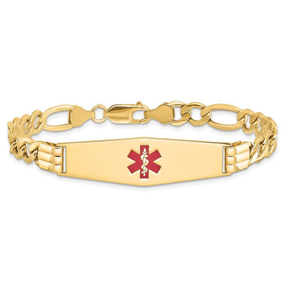 14K Gelbgold Medizinisch Halbmassiv Kette/solid Platte Weich Diamant Form 40x12mm Centered Rot Emaille Figaro Glieder 8 Zoll Id Armband