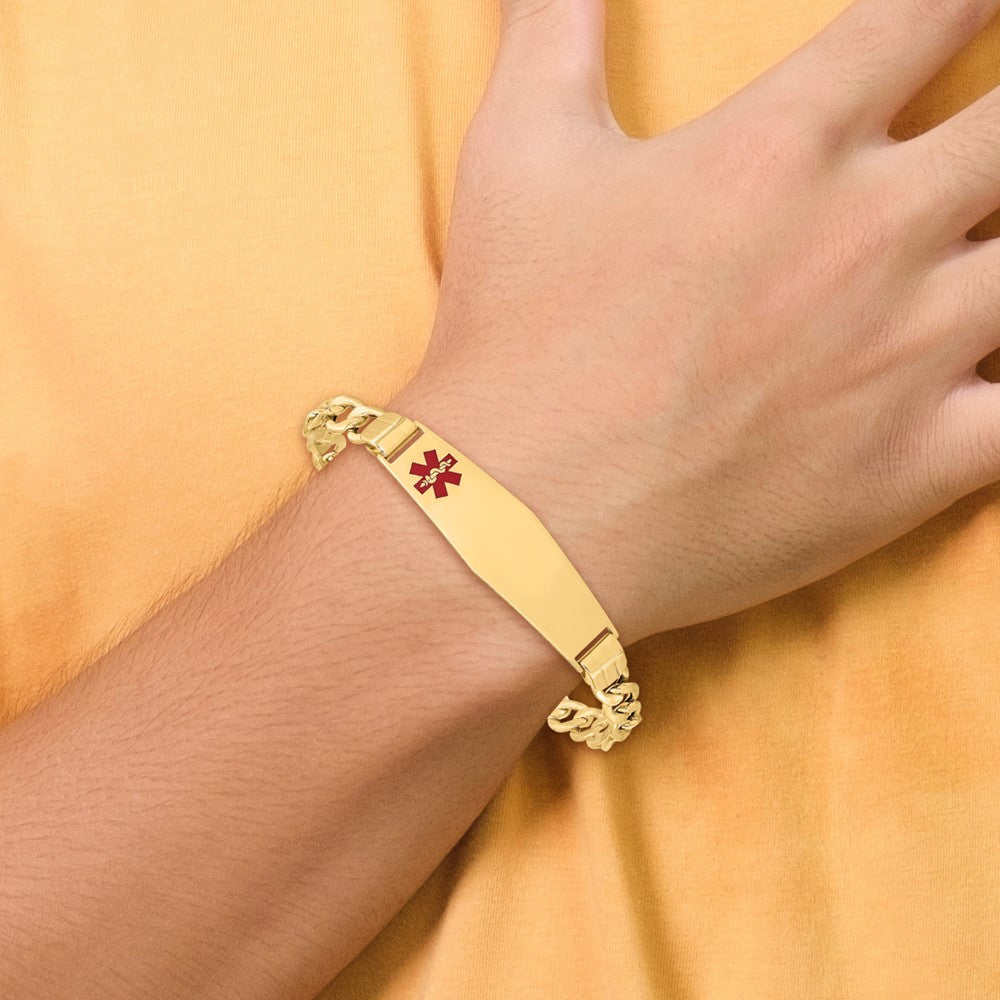 14K Gelbgold Medizinisch Halbmassiv Kette/solid Platte Weich Diamant Form 40x12mm Off Mittig Rot Emaille Figaro Glieder 8 Zoll Id Armband