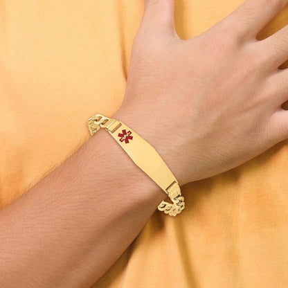 14K Gelbgold Medizinisch Halbmassiv Kette/solid Platte Weich Diamant Form 40x12mm Off Mittig Rot Emaille Figaro Glieder 8 Zoll Id Armband