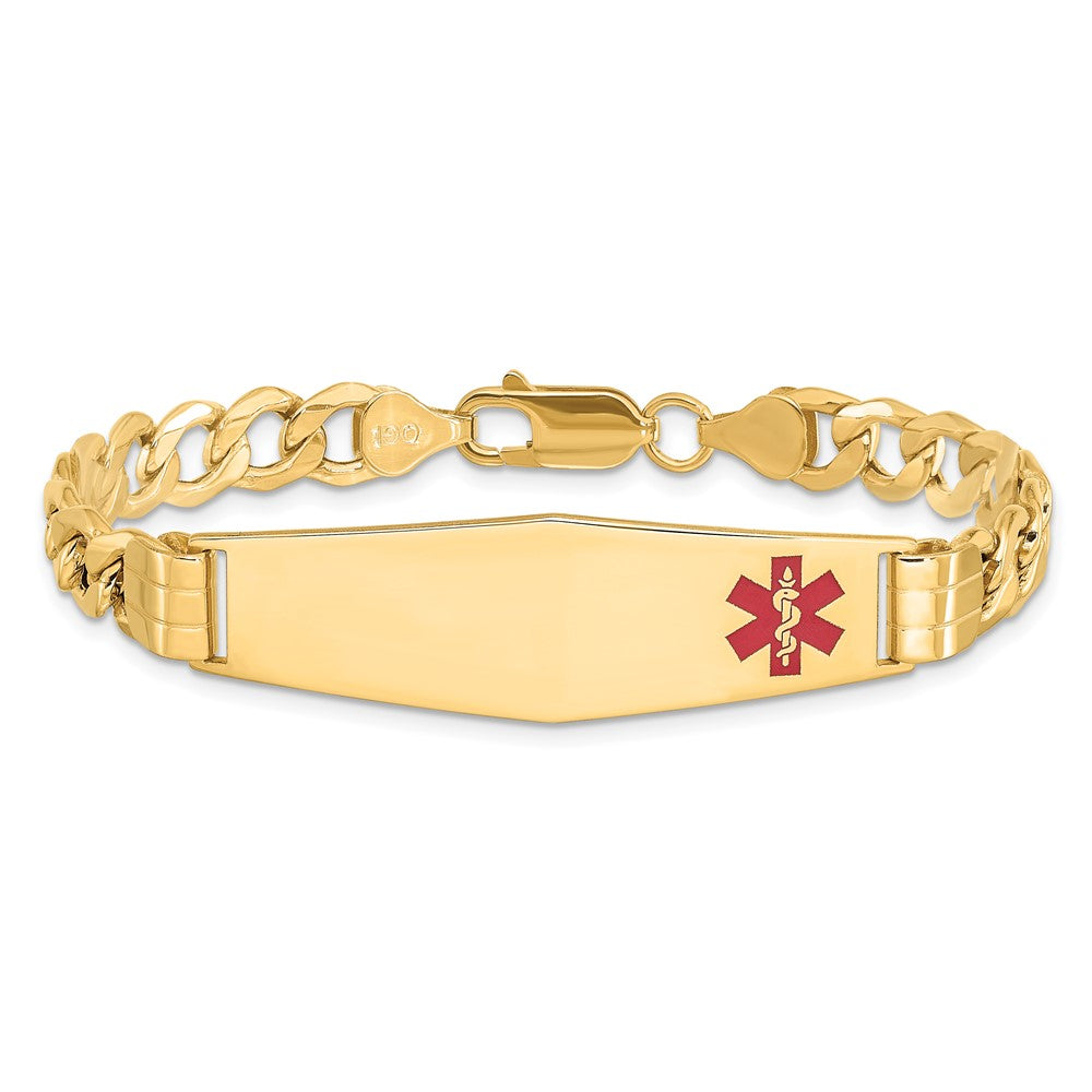 14K Gelbgold Medizinisch Halbmassiv Kette/solid Platte Weich Diamant Form 40x12mm Off Mittig Rot Emaille Panzer Glieder Id Armband
