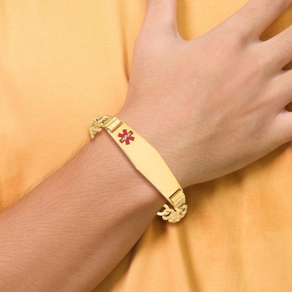 14K Gelbgold Medizinisch Halbmassiv Kette/solid Platte Weich Diamant Form 40x12mm Off Mittig Rot Emaille Panzer Glieder Id Armband
