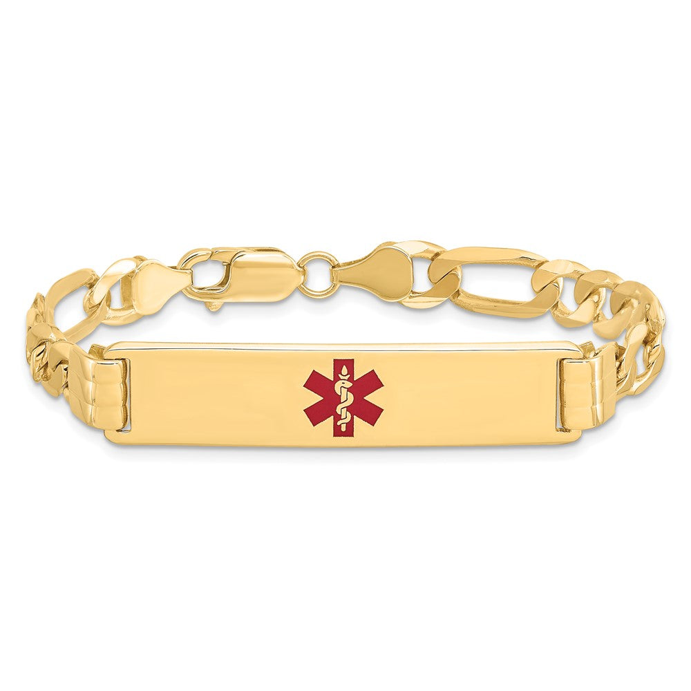 Massiv 14K Gelbgold Medizinisch Rot Emaille Flach Figaro Glieder Id Armband