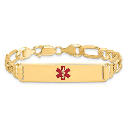 Massiv 14K Gelbgold Medizinisch Rot Emaille Flach Figaro Glieder Id Armband