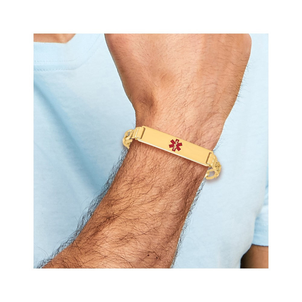 Massiv 14K Gelbgold Medizinisch Rot Emaille Flach Figaro Glieder Id Armband
