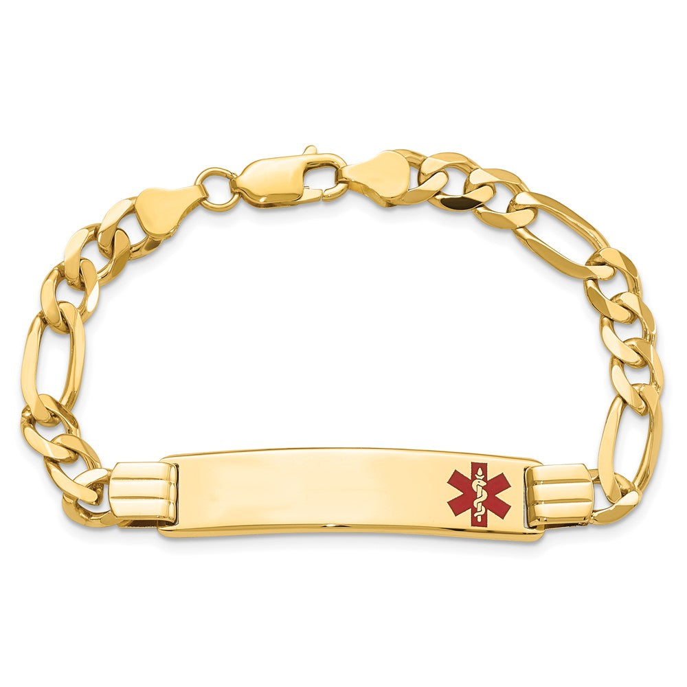 Massiv 14K Gelbgold Medizinisch Rot Emaille Flach Figaro Glieder Id Armband