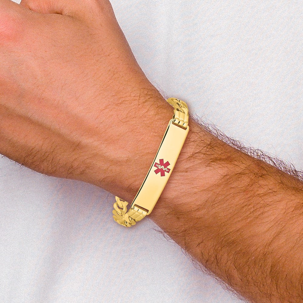 Massiv 14K Gelbgold Medizinisch Rot Emaille Panzer Glieder Id Armband