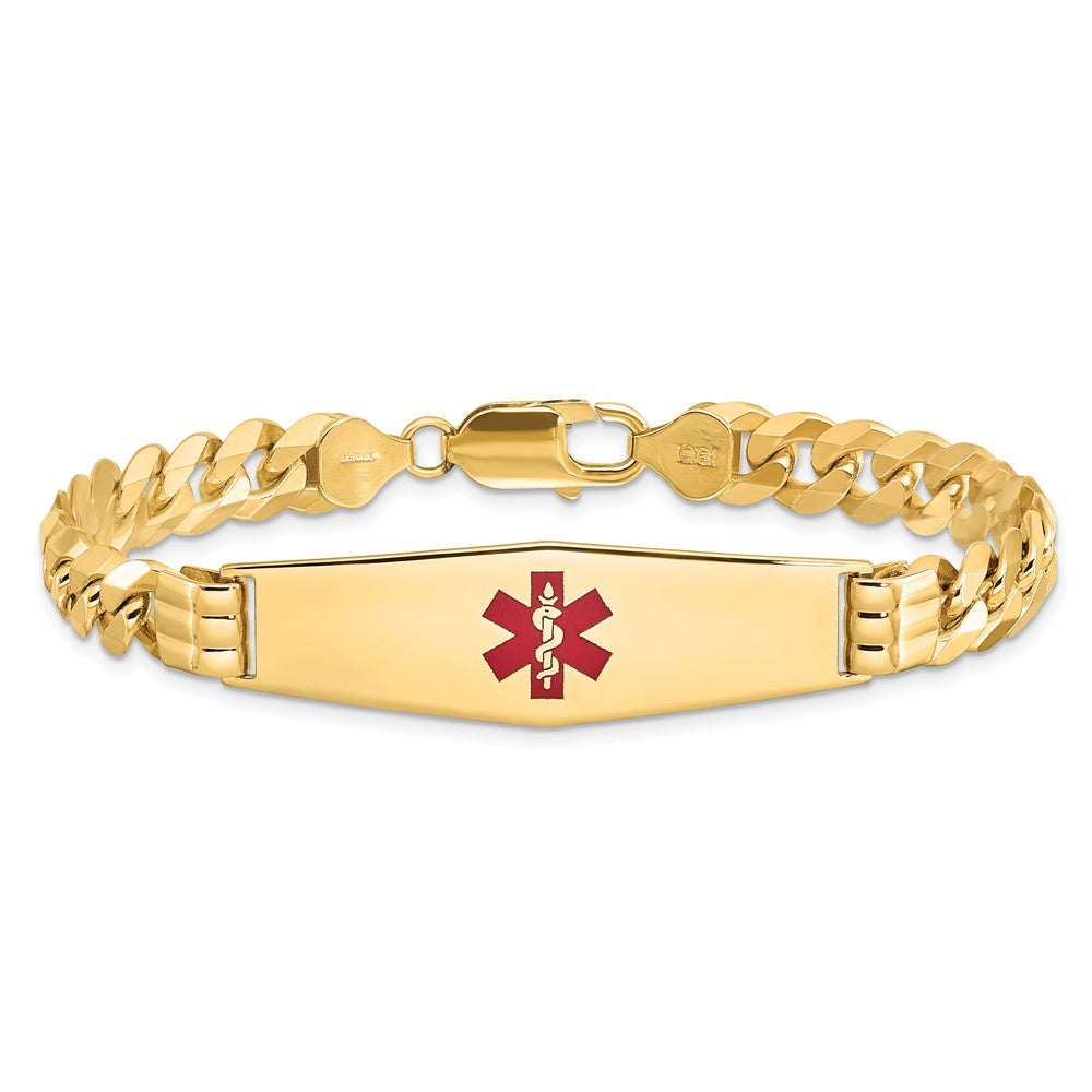 14K Gelbgold Medizinisch Massiv Kette/solid Platte Weich Diamant Form 40x12mm Centered Rot Emaille Flach Panzer Glieder 8 Zoll Id Armband