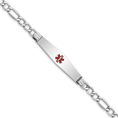 14K Weißgold Medizinisch Halbmassiv Kette/solid Platte Weich Diamant Form 37x9mm Centered Rot Emaille Figaro Glieder Id Armband