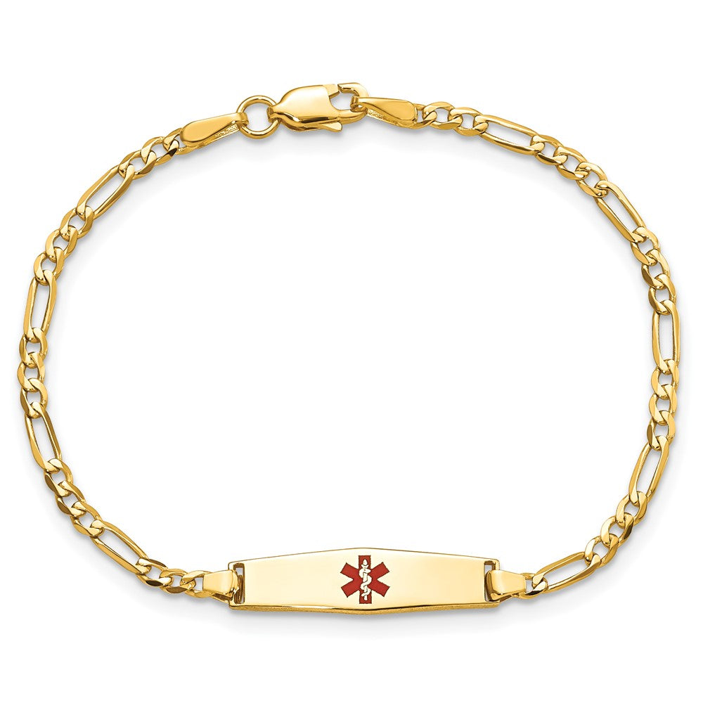 14K Gelbgold Medizinisch Massiv Kette/solid Platte 20x5mm Weich Diamant Form Centered Rot Emaille Figaro Glieder Id Armband