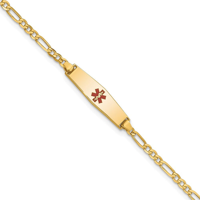 14K Gelbgold Medizinisch Massiv Kette/solid Platte 20x5mm Weich Diamant Form Centered Rot Emaille Figaro Glieder Id Armband