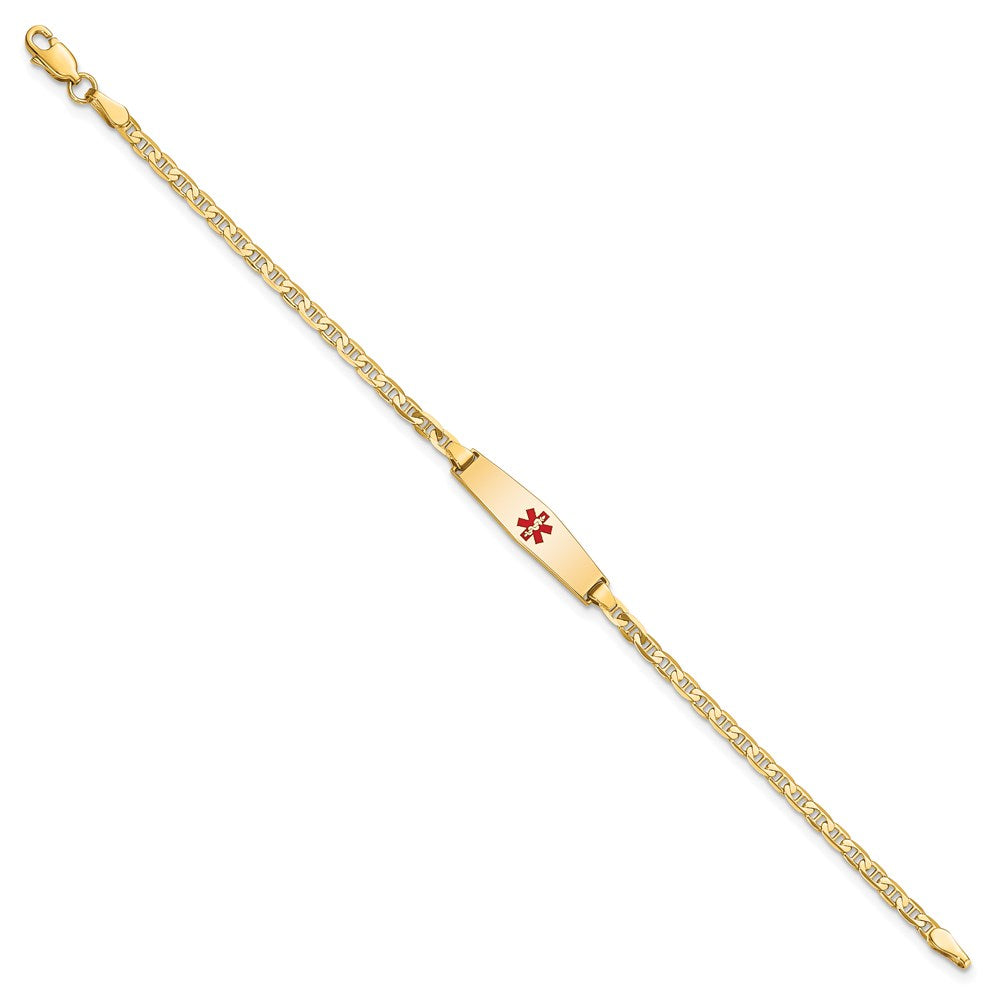 14K Gelbgold Medizinisch Massiv Kette/solid Platte 20x5mm Weich Diamant Form Centered Rot Emaille Flach Anker Glieder Baby/child Id Armband