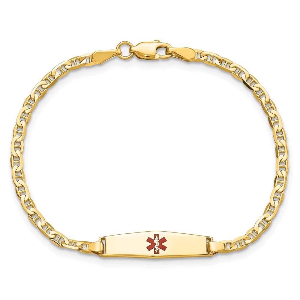 14K Gelbgold Medizinisch Massiv Kette/solid Platte 20x5mm Weich Diamant Form Centered Rot Emaille Flach Anker Glieder Baby/child Id Armband