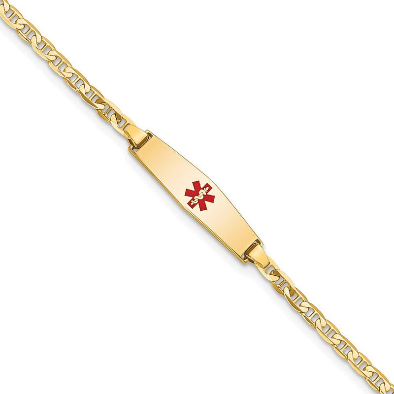 14K Gelbgold Medizinisch Massiv Kette/solid Platte 20x5mm Weich Diamant Form Centered Rot Emaille Flach Anker Glieder Baby/child Id Armband