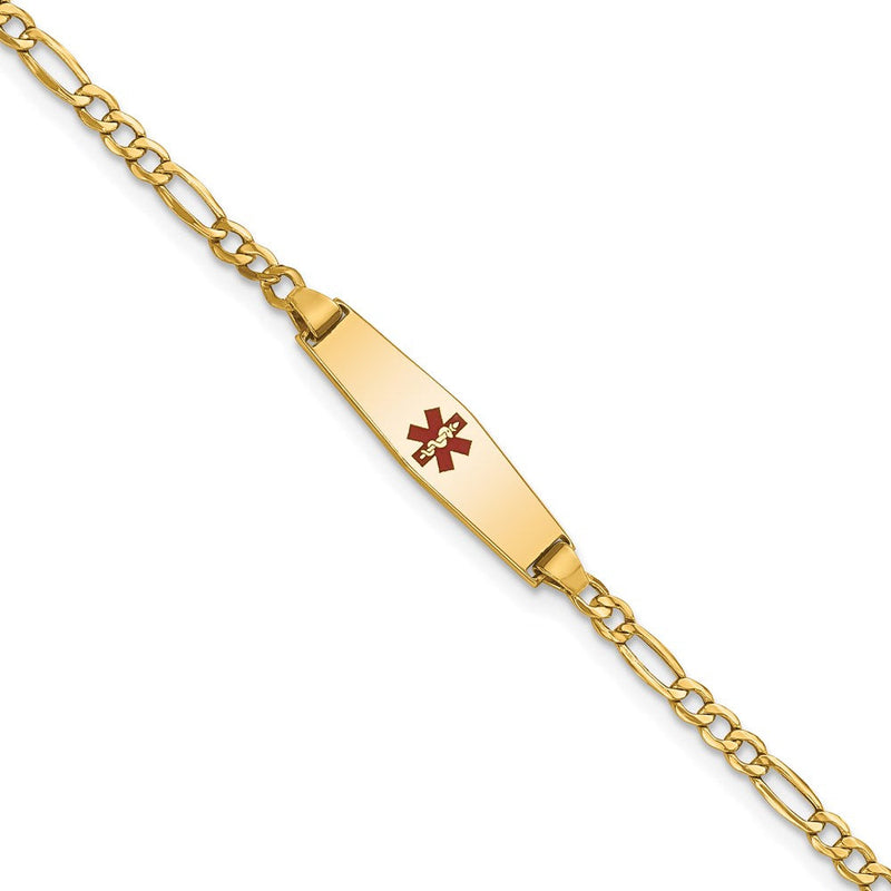 14K Gelbgold Medizinisch Halbmassiv Kette/solid Platte 20x5mm Weich Diamant Form Centered Rot Emaille Figaro Glieder Baby/child Id Armband