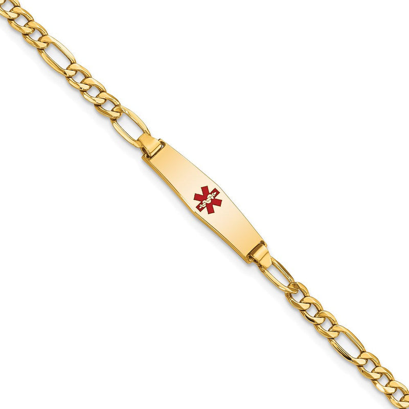 14K Gelbgold Medizinisch Halbmassiv Kette/solid Platte 20x5mm Weich Diamant Form Centered Rot Emaille Figaro Glieder Baby/child Id Armband