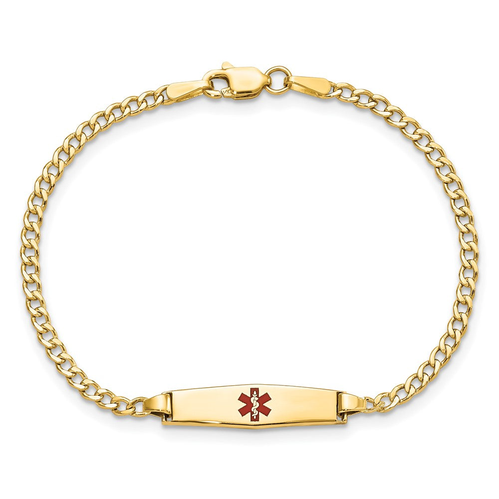 14K Gelbgold Medizinisch Halbmassiv Kette/solid Platte 20x5mm Weich Diamant Form Centered Rot Emaille Kubanisch Glieder Id Armband