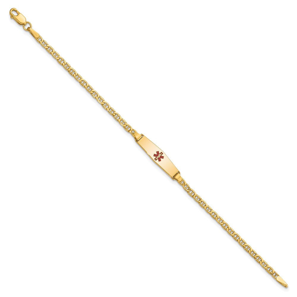 14K Gelbgold Medizinisch Halbmassiv Kette/solid Platte 20x5mm Weich Diamant Form Centered Rot Emaille Anker Glieder Id Armband