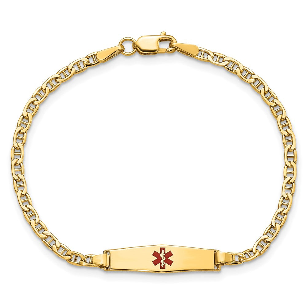 14K Gelbgold Medizinisch Halbmassiv Kette/solid Platte 20x5mm Weich Diamant Form Centered Rot Emaille Anker Glieder Id Armband