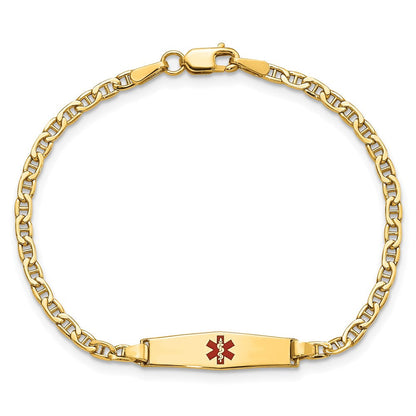 14K Gelbgold Medizinisch Halbmassiv Kette/solid Platte 20x5mm Weich Diamant Form Centered Rot Emaille Anker Glieder Id Armband