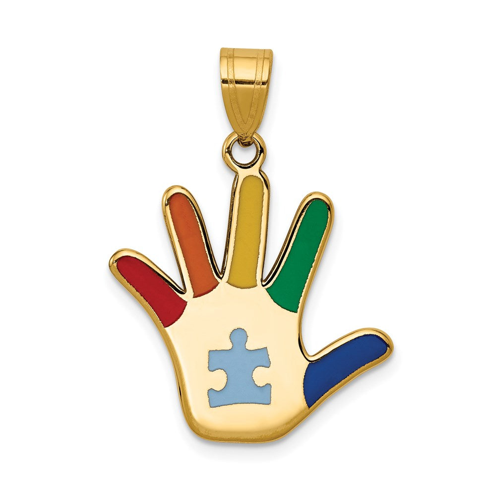 14K Gelbgold Anhänger „Autismus mit Puzzleteil-Handabdruck", emailliert
